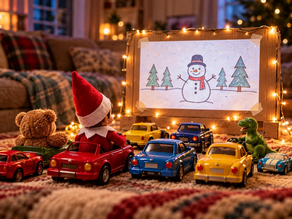 A miniature drive-in cinema with toy cars facing a cardboard screen