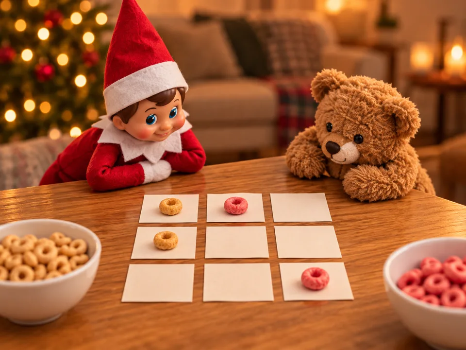 A felt elf and a teddy bear playing tic-tac-toe with cereal pieces