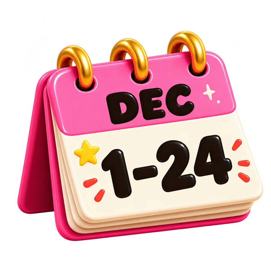 Pink desk calendar showing December 1–24