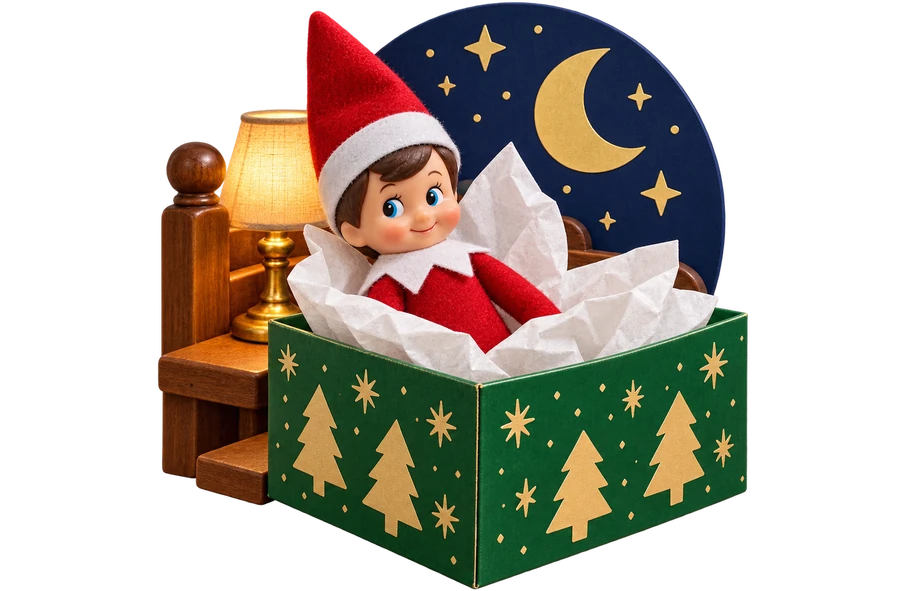A red felt elf doll tucked into a tissue box with tissue as a blanket, beside a small lamp