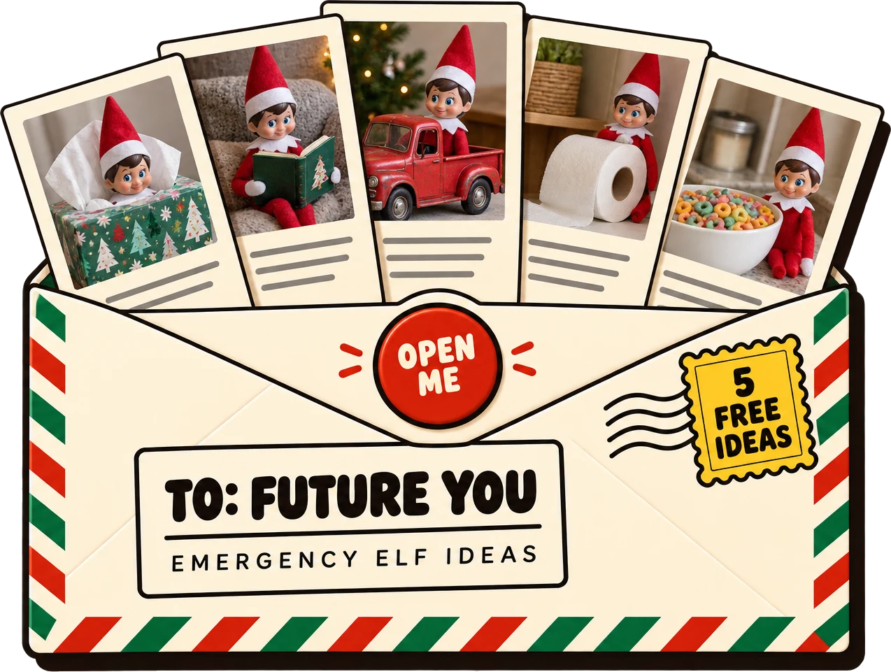 An air-mail envelope addressed to Future You, holding five photo cards of elf ideas
