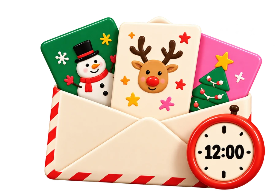 Open envelope holding three illustrated idea cards beside a clock showing 12:00